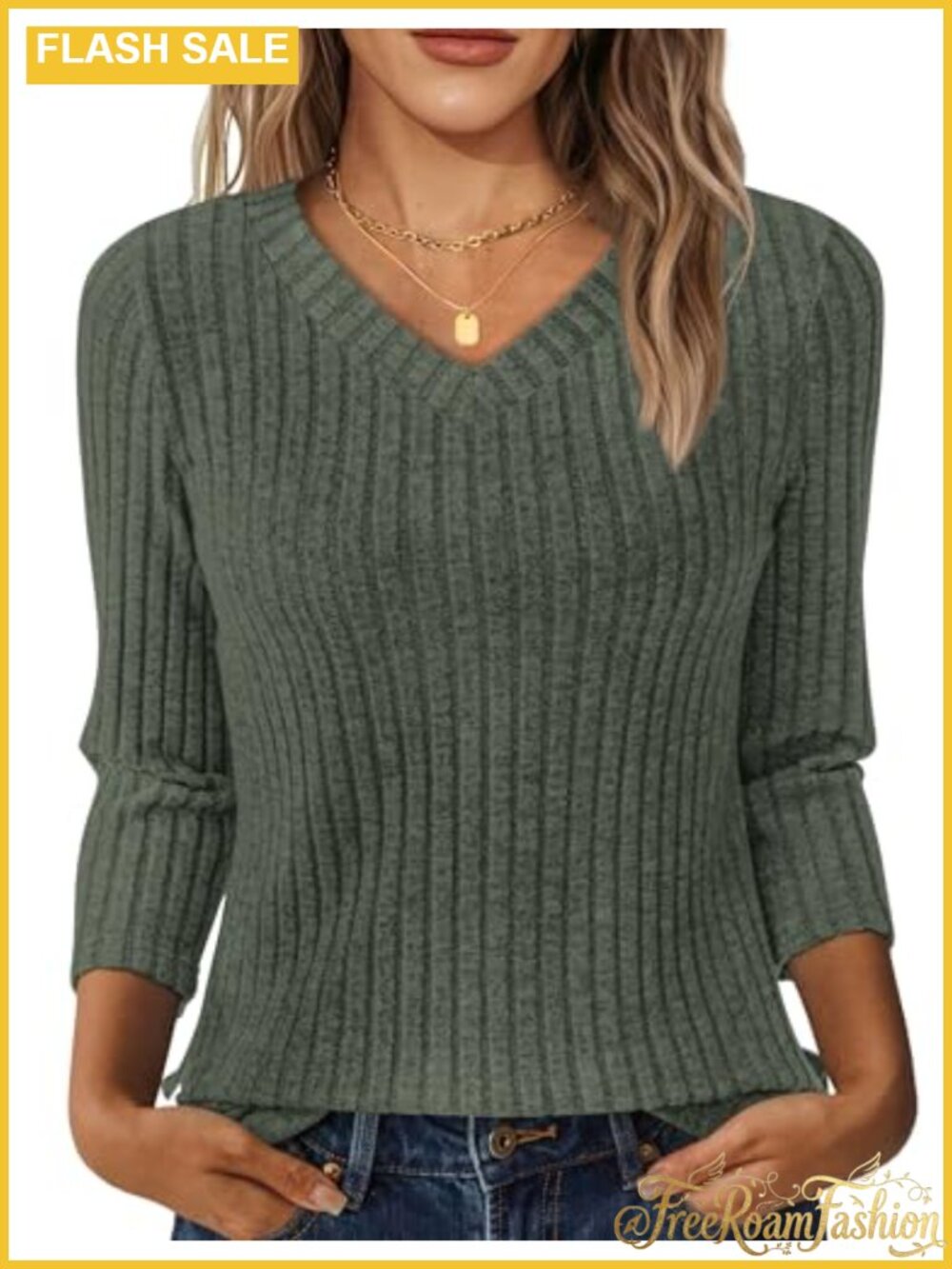Women's V-Neck 3/4 Sleeve Tunic Sweater Loose Fit Knit Top